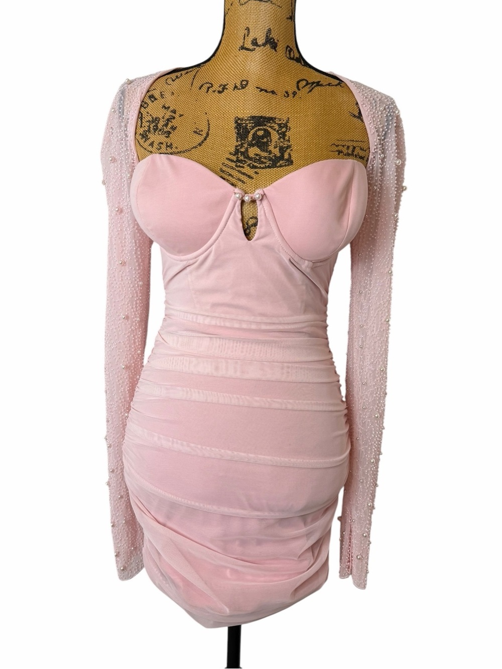 Oh Polly St Germain Pearl Embellished Ruched Mini Dress Pink US 4+ Cup Size - Picture 3 of 13